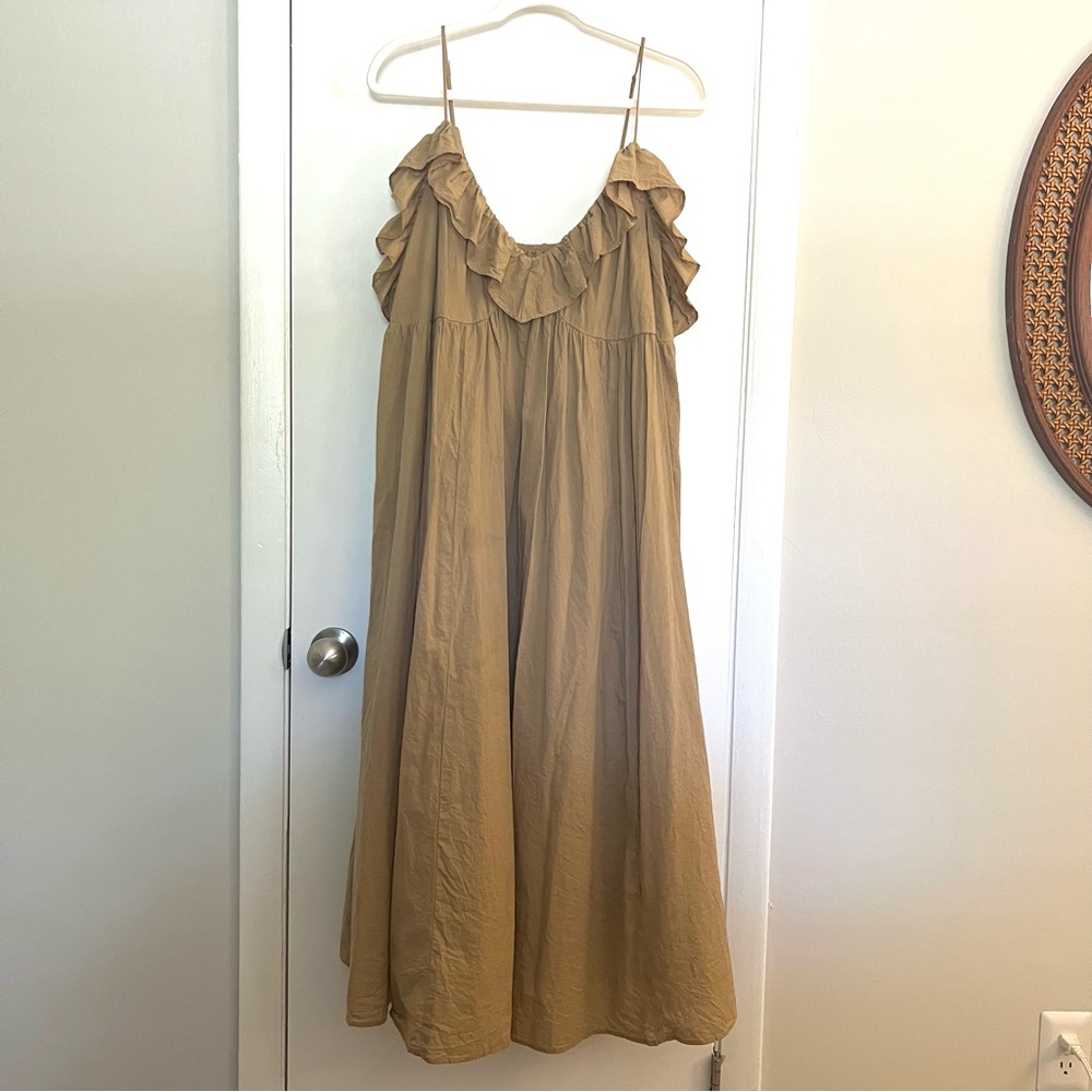 H&M Tan Brown Ruffle V Midi Cotton Dress XXL